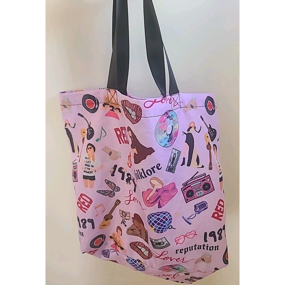 TAYLOR SWIFT* Pink*Canvas*printed TOTE*Black Handles* 20X16X8 WIDE EUC